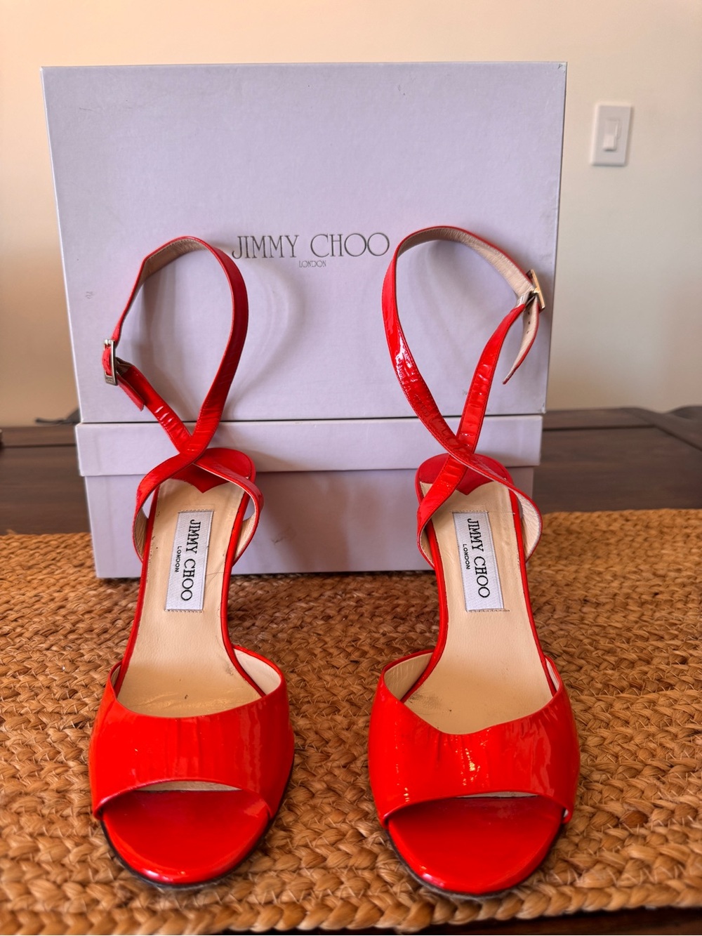 Jimmy Choo Red Orange Patent Crisscross Ankle-Strap Heels